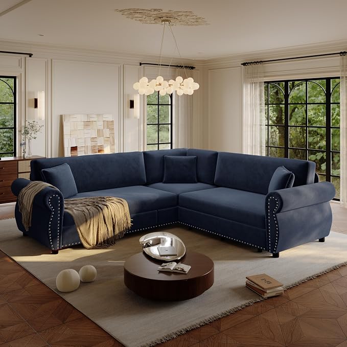 88.2" Sectional Sleeper Sofa with Pull Out Bed - Oversize L-Shaped Convertible Sleeper Couch Bed, Button Tufted Chesterfield Sofa, Chenille Vintage Couches for Living Room/Apartment(4-Seater, Blue)