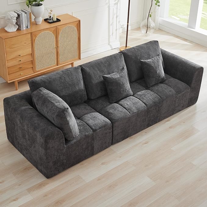 110''Modular Sectional Couches for Living Room, Cloud Boneless Compressed Sectional Sofa, Oversized 3 Seater Upholstered Memory Foam Sofa, No Assembly, Chenille Grey