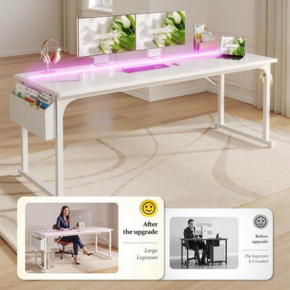 DurayLoly 71" Computer Desk LED Lights, Large Office Desk for 3 Monitors or 2 laptops,Long Desk with Storage Bag&Headphone Hook for Study Writing Work Gaming Desk,Sturdy Metal Frame,Bedroom,White