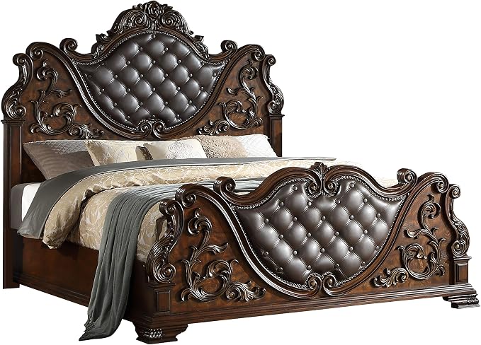 First of a Kind Santa Monica Traditional 5 Piece King Bedroom Set with Upholstered Tufted Headboard Elegant Classic Design Coordinated Furniture Collection, Cherry