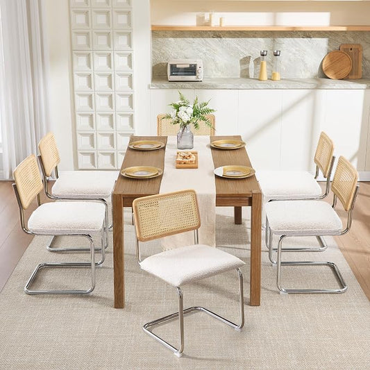 Zesthouse Natural Rattan Dining Chairs Set of 4, Modern Kitchen Chairs with Solid Wood Back for Dining Room Living Room, Mid Century Breuer Design Inspired, Upholstered Boule Fabric, White