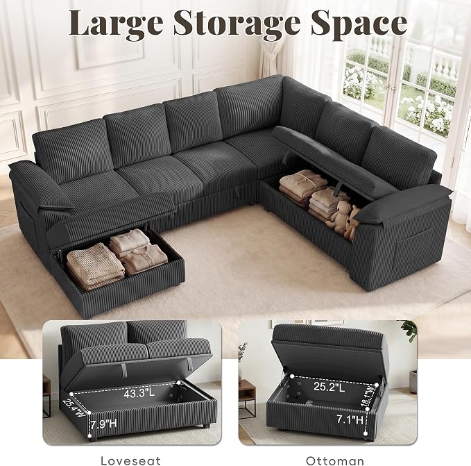 108 Inch Sectional Sleeper Sofa Bed with Pull Out Couch, U Shaped 7 Seat Cloud Modular Sectional Sofa with Storage, Corduroy Sectional Couches for Living Room, Removable Sofa Cover, Dark Grey