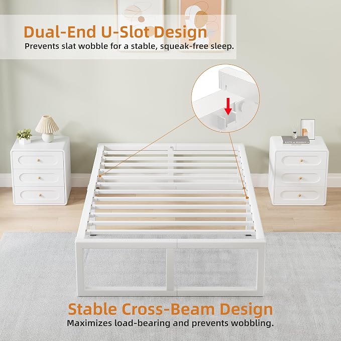 Twin Bed Frames, 14 Inch Metal Platform Bed Frame with Squeak Free U-Slot Design, 6 Non-Slip Guards, 3500lbs Heavy Duty Steel Slat Support, No Box Spring Needed, Under Bed Storage, White