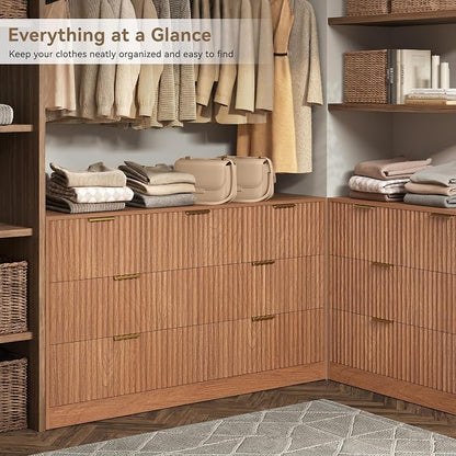 7 Drawer Dresser for Bedroom, 55" Wide Fluted Chest of Drawers with Gold Metal Handles, Modern Wood Dresser Closet Storage Organizer Mid Century TV Stand for Living Room Hallway Light Walnut