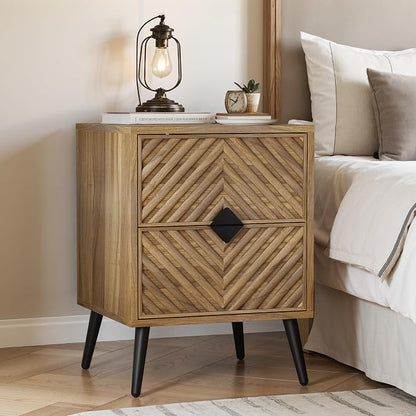 Smuxee Walnut Wooden Nightstand with 2 Drawers, Mid Century Night Stand with Fluted Diamond Doors, Bedside Table with Metal Feet, Modern End Side Table for Bedroom