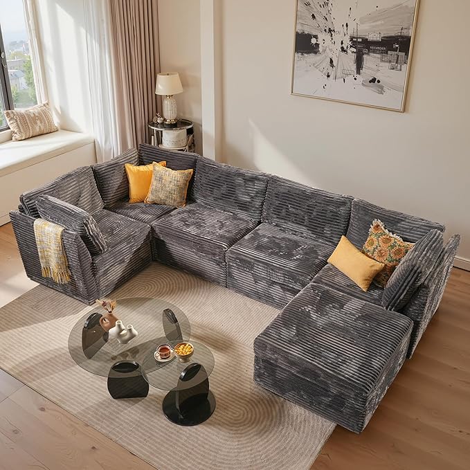 ovios Modular Sectional Sofa Couch with L-Shape Chaise Ottoman, Comfy Plush Corduroy Cloud Couches, Modern Luxury Deep Seat Sofas Set for Living Room, 6-Seater, Grey