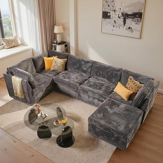 ovios Modular Sectional Sofa Couch with L-Shape Chaise Ottoman, Comfy Plush Corduroy Cloud Couches, Modern Luxury Deep Seat Sofas Set for Living Room, 6-Seater, Grey