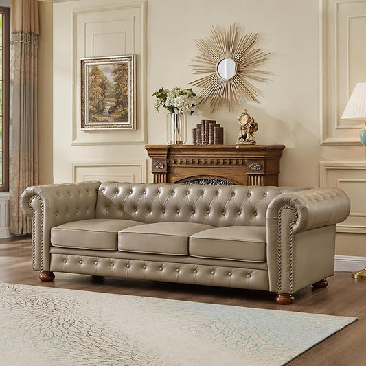 Chesterfield Leather Sofa, 89" Mid Century Modern Couch with Low Back, Roll Arm Nailhead Trim Classic 3 Seater Couch for Living Room, Office, Apartment, PU Khaki