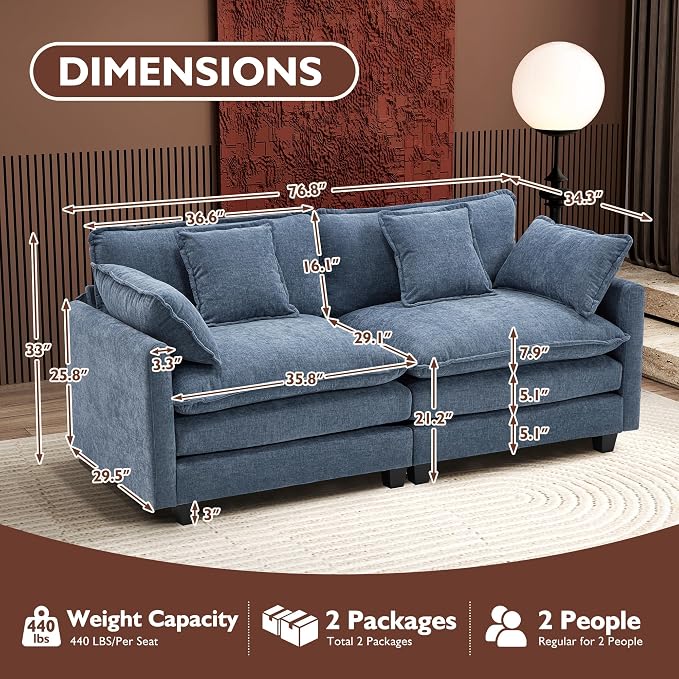 Ihanherry Cloud Sofa 77 Inch Loveseat, Modern Sectional Couch, 2-Seats Sofa for Living Room Bedroom and Apartment, Comfy Double Layer Upholstered Seat Cushion, Breathable Chenille Fabric, Blue