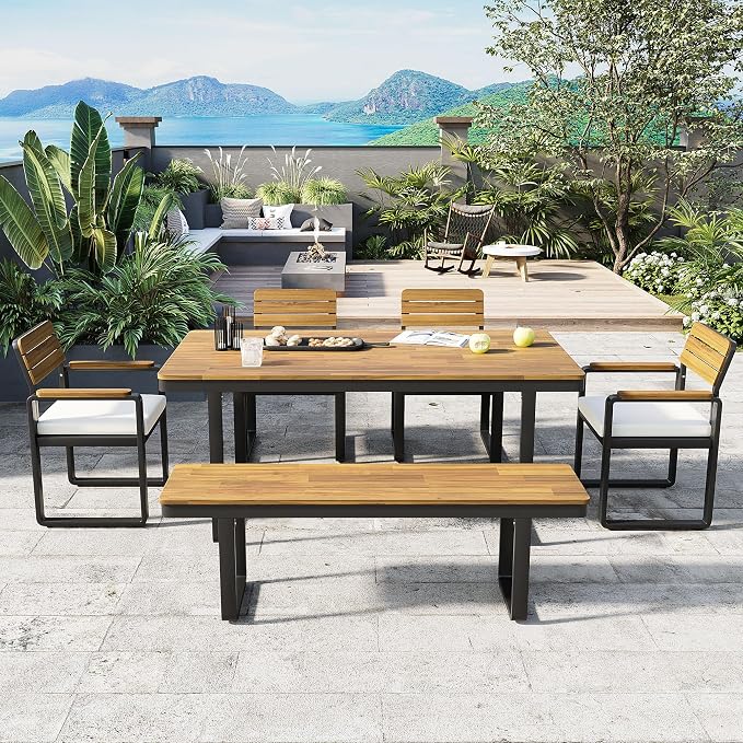 Quarte 6-Piece Outdoor Dining Set with 1 Acacia Wood Table and 4 Chairs & 1 Bench, Adjustable Feet for Patio, Garden, Backyard Family Meals BBQ Parties (Beige-AA)