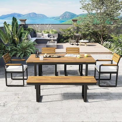 Quarte 6-Piece Outdoor Dining Set with 1 Acacia Wood Table and 4 Chairs & 1 Bench, Adjustable Feet for Patio, Garden, Backyard Family Meals BBQ Parties (Beige-AA)