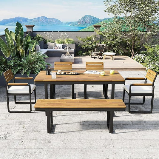 Quarte 6-Piece Outdoor Dining Set with 1 Acacia Wood Table and 4 Chairs & 1 Bench, Adjustable Feet for Patio, Garden, Backyard Family Meals BBQ Parties (Beige-AA)
