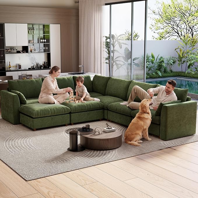Ihanherry 146" Oversized Modular Sectional Sofa, Modern V Shaped Cloud Couch with 2 Storage Ottoman, 8-Seat Comfy Chenille Deep Seat Sofa with 2 Pillows for Living Room, Green
