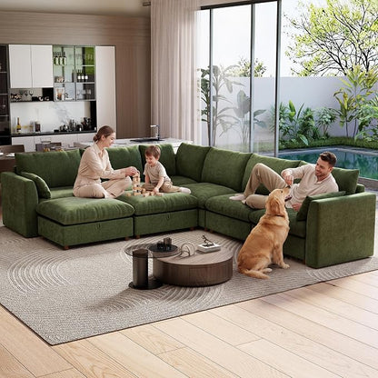 Ihanherry 146" Oversized Modular Sectional Sofa, Modern V Shaped Cloud Couch with 2 Storage Ottoman, 8-Seat Comfy Chenille Deep Seat Sofa with 2 Pillows for Living Room, Green