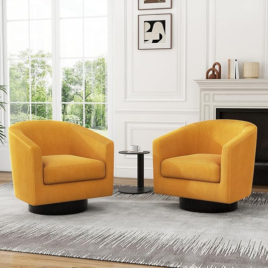 Swivel Accent Chair, Upholstered Corduroy Barrel Chair for Living Room, Small Single Sofa Bedroom Reading Seat, Set of 2, Orange
