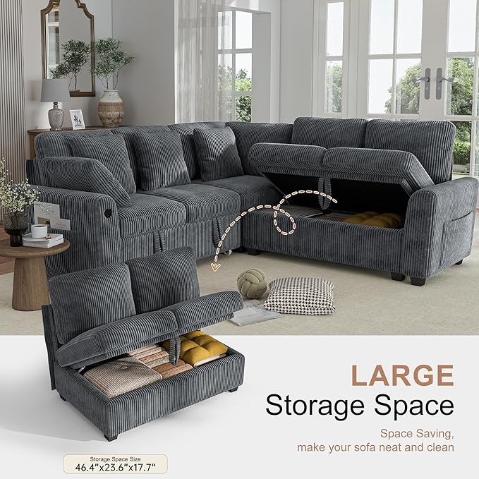 Hanherry Sectional Couch with Pull Out Sofa Bed,Corduroy Sleeper Sofa with 2 Seat Storage & USB Charging,Comfy L Shaped Modular Couches for Living Room,Apartment