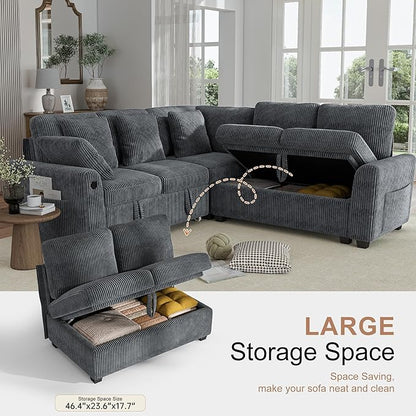 Hanherry Sectional Couch with Pull Out Sofa Bed,Corduroy Sleeper Sofa with 2 Seat Storage & USB Charging,Comfy L Shaped Modular Couches for Living Room,Apartment
