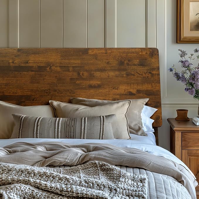 Acacia Serenity Bed Frame with Headboard Solid Wood Platform Bed, Queen Bed Frame, Tall Headboard Wood Bed Compatible with All Mattress Types, No Box Spring Needed, Quick & Easy Assembly, Caramel