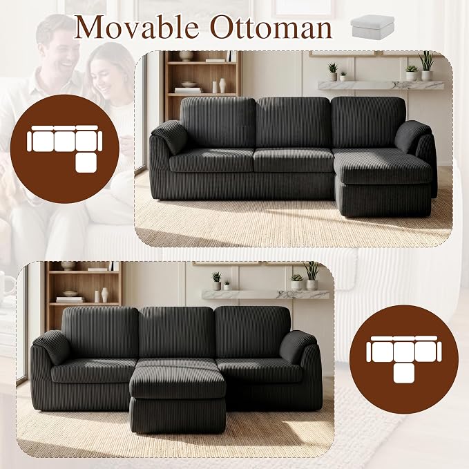 Sectional Couches for Living Room Cloud Couch with Ottoman, Upholstered Boneless Couches Modern Modular L Shaped Couch 3 Seater Sofa, No Assembly, Washable Covers, Black