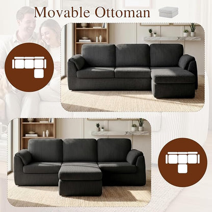 Sectional Couches for Living Room Cloud Couch with Ottoman, Upholstered Boneless Couches Modern Modular L Shaped Couch 3 Seater Sofa, No Assembly, Washable Covers, Black