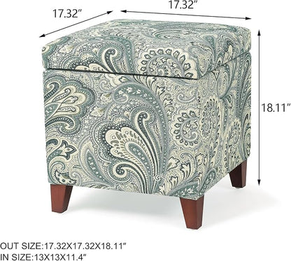 Adeco 18" Cube Storage Ottoman in Blue Paisley, Upholstered Linen Foot Stool & Accent Chair for Entryway, Vanity or Small Spaces