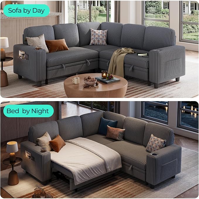 LINSY HOME 81" Modular Sectional Couch with Pull Out Bed, L Shaped 5 Seats Sofa with Storage Loveseat, Corduroy Convertible Sofa Bed, USB, Cup Holders, Side Pocket, Sleeper Sofa for Living Room, Grey