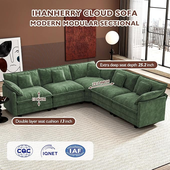 Ihanherry 114" V-Shaped Modern Sofa Modular Sectional Cloud Couch with Corner Section, 5-Seat Chenille Deep Seat Sofa with 5 Pillows for Living Room, Bedroom and Apartment, Green