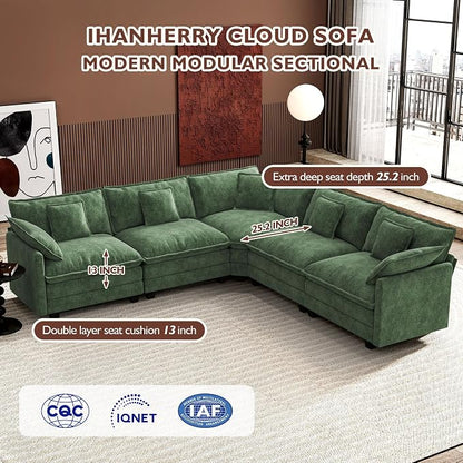 Ihanherry 114" V-Shaped Modern Sofa Modular Sectional Cloud Couch with Corner Section, 5-Seat Chenille Deep Seat Sofa with 5 Pillows for Living Room, Bedroom and Apartment, Green