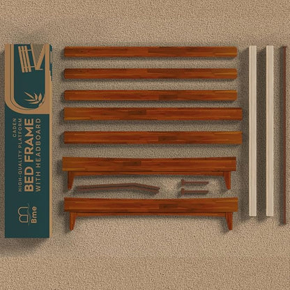 Bme Caden Queen Bed Frame and Adjustable Headboard, 15 Inch Mid Century Retro Style - Solid Acacia Wood - No Box Spring Needed - 12 Strong Wood Slat Support - Easy Assembly - Dark Chocolate