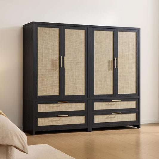 SICOTAS Larger Armoire Wardrobe Closet, 71" Tall Rattan Wardrobe Closet Cabinet with Storage and 2 Drawers, Boho Armoire Clothes Organizer with Hanging Rod for Bedroom, Black Oak (2 PCS)