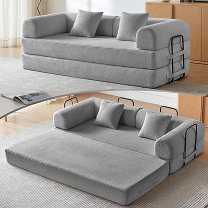 Convertible Sleeper Sofa Bed, Sleeper Sofa with Pillow | Corduroy Fabric | High-Density Sponge | Fixed-Shape Frame, Modular Sofa Bed for Living Room Lounge Studio (Light Grey)