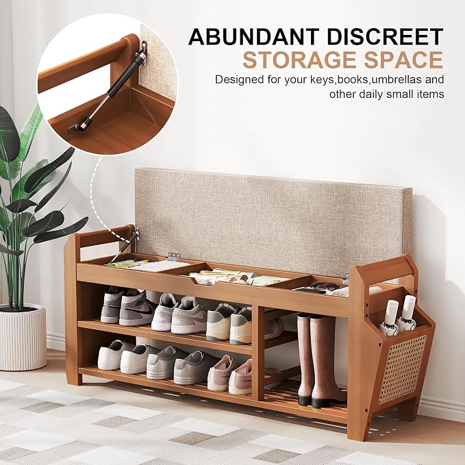 PETKABOO 39.4" Bamboo Shoe Rack Bench with Coat Rack, 3-Tier Entryway Bench with Thick Cushion, Flip-Top & Side Baskets, Holds Up to 550 LBS for Hallway, Living Room, Bedroom