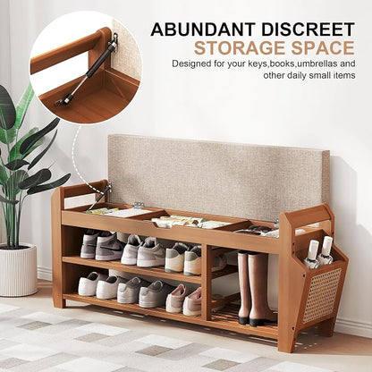 PETKABOO 39.4" Bamboo Shoe Rack Bench with Coat Rack, 3-Tier Entryway Bench with Thick Cushion, Flip-Top & Side Baskets, Holds Up to 550 LBS for Hallway, Living Room, Bedroom