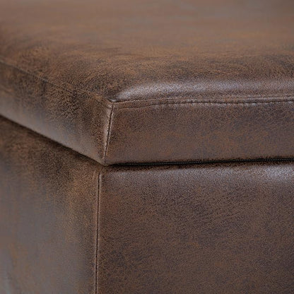 SIMPLIHOME Owen Coffee Table Storage Ottoman - 34" Wide x 19" High Upholstered Vegan Leather Rectangular Lift-Top Ottoman in Distressed Chestnut Brown, Mid-Century Modern Bench with Tapered Legs