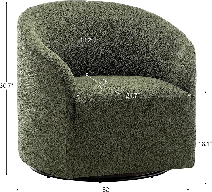 KINWELL 32" Wide Modern Boucle Swivel Barrel Chair, No Assembly Round Upholstered Swivel Accent Armchair for Living Room, Bedroom, Office (Green)