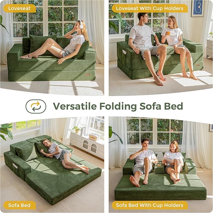 MAXYOYO Loveseat Sofa Bed, 64" Foldable Floor Sofa Couch in A Box with 2 Cup Holders, 4 in 1 Convertible Boneless Couch Folding Recliner Chair for Living Room, No Assembly Required, Green