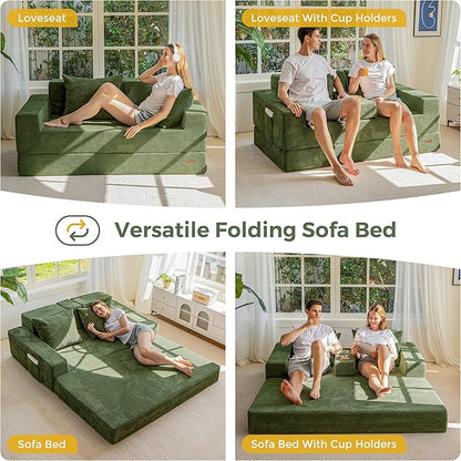 MAXYOYO Loveseat Sofa Bed, 64" Foldable Floor Sofa Couch in A Box with 2 Cup Holders, 4 in 1 Convertible Boneless Couch Folding Recliner Chair for Living Room, No Assembly Required, Green