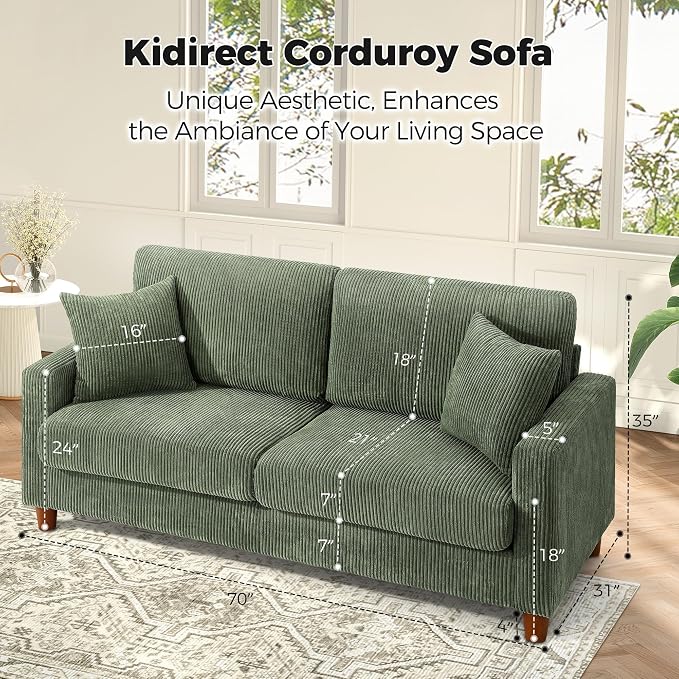 Kidirect 70in L Shaped Couch, Modular Sofa No Tool Assembly, Comfy Sectional Couches for Living Room 21in Deeper Seats, Corduroy Sofas for Living Room with 2 Pillows, Loveseat Sofa Set, Green Couch