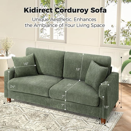 Kidirect 70in L Shaped Couch, Modular Sofa No Tool Assembly, Comfy Sectional Couches for Living Room 21in Deeper Seats, Corduroy Sofas for Living Room with 2 Pillows, Loveseat Sofa Set, Green Couch