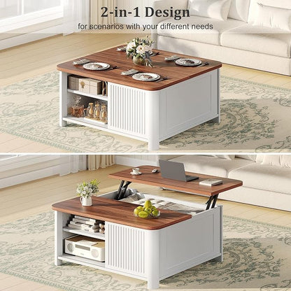 Decofy Lift Top Coffee Table with Storage Mid Century Modern Square Coffee Tables for Living Room, Large Hidden Storage Compartment, Adjustable Shelves & Sliding Door