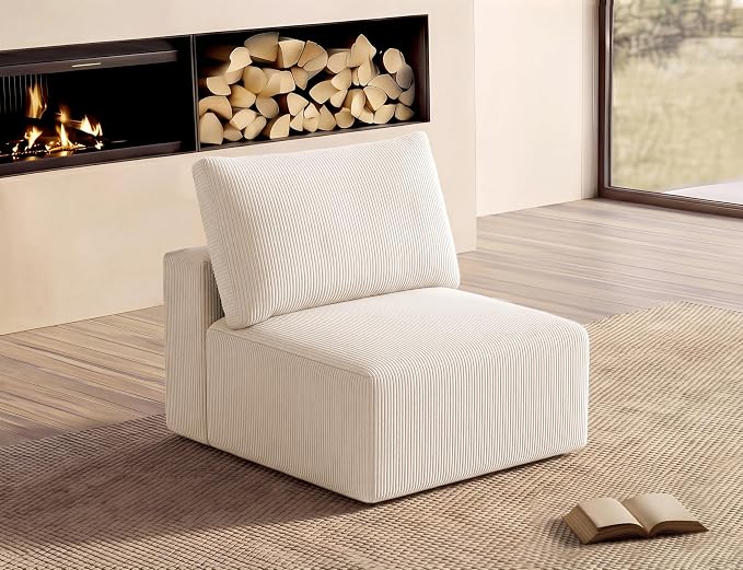 Modular Sectional Sofa Extension, Armless Memory Foam Cloud Chair, 31" Boneless Corduroy Upholstered Single Seat, No Assembly Required Accent Chair for Living Room Apartment Home Decor, Beige