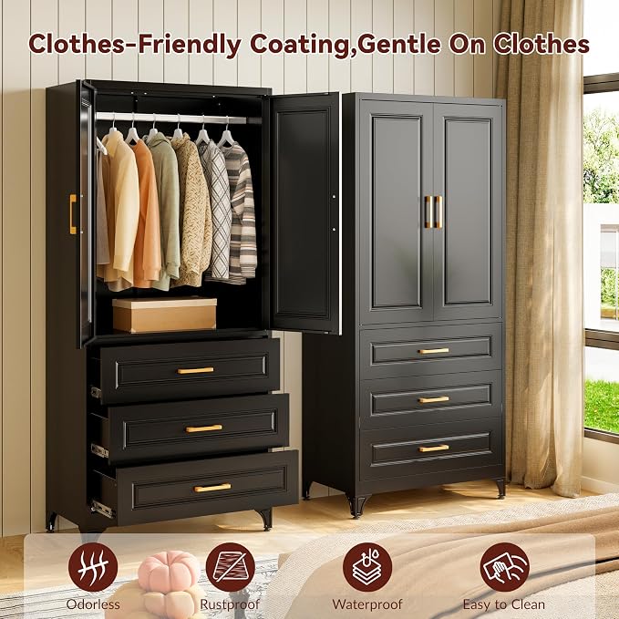 Metal Armoire Wardrobe Closet with Hanging Rod, 71" Tall Wardrobe Cabinet with Doors and 3 Drawers, Clothing Storage Cabinets for Bedroom, Home Office