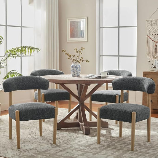 VKNOW Wooden Dining Chairs Set of 4 with Curved Open Back, Black | Natural Rubberwood Legs, Soft Chenille Fabric, Thickened Cushion, For Adults and Family, Dining Room, Kitchen, No Wobble