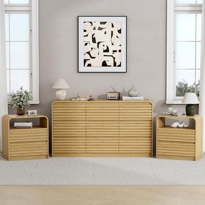 Dresser and Nightstand Sets for Bedroom, 3 Pcs Bedroom Set, Fluted 9 Drawer Dresser with Curved Profile and Night Stand Set of 2 with Charging Station, Wood Chest of Drawers, Natural Oak