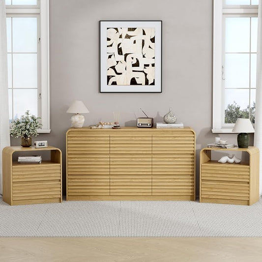 Dresser and Nightstand Sets for Bedroom, 3 Pcs Bedroom Set, Fluted 9 Drawer Dresser with Curved Profile and Night Stand Set of 2 with Charging Station, Wood Chest of Drawers, Natural Oak