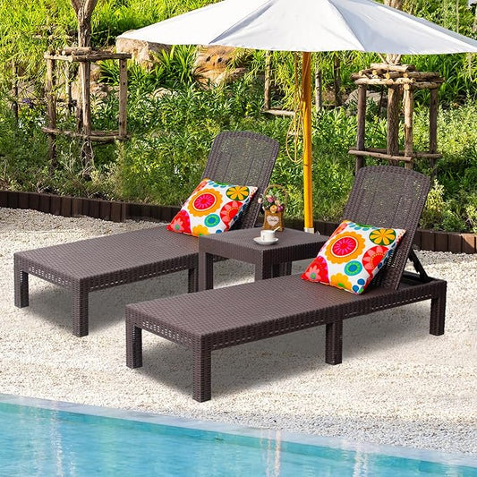 DIMAR GARDEN Outdoor Chaise Lounge, Pool Lounge Chair with Table, 3 Pieces Mocha