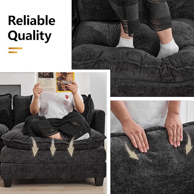 147'' Modualr Sectional Cloud Deep Seat Couch, Oversized Chenille U Shaped Sectional Sofa for Living Room Set, Comfy Upholstered Modular Sectional Sofa Couch with 2 Movable Ottoman, Dark Grey
