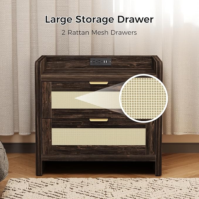 Luoxiao Nightstand Set of 2 with Charging Station - 4 Outlets & 4 USB Ports, Rattan Drawers Side Table, Boho Wood Bedside Tables End Table for Bedroom, Small Space, Easy Assembly (15.4"x23.6"x21.5")