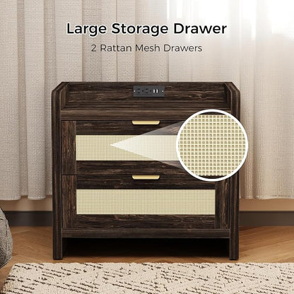 Luoxiao Nightstand Set of 2 with Charging Station - 4 Outlets & 4 USB Ports, Rattan Drawers Side Table, Boho Wood Bedside Tables End Table for Bedroom, Small Space, Easy Assembly (15.4"x23.6"x21.5")
