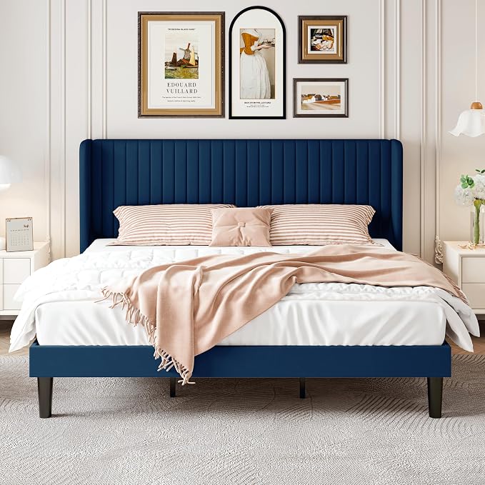 SHA CERLIN King Size Velvet Bed Frame with Vertical Channel Tufted Wingback Headboard, Upholstered Platform Bed with Wood Slats, No Box Spring Needed, Easy Assembly, Blue